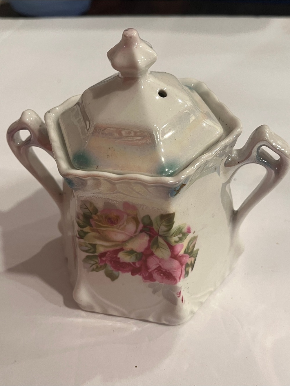 Vintage German Porcelain Floral Sugar Bowl with Pink Rose Accent